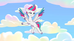 Size: 3410x1920 | Tagged: safe, screencap, zipp storm, pegasus, pony, g5, my little pony: tell your tale, zipp's yes day, spoiler:g5, spoiler:my little pony: tell your tale, spoiler:tyts01e22, female, flying, high res, mare, slender, smiling, solo, spread wings, thin, wings, youtube link