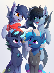 Size: 2496x3395 | Tagged: safe, artist:luminousdazzle, oc, oc only, oc:silver comet, oc:speck daelyn, oc:spectrolite, oc:sugoi, bat pony, pony, unicorn, chest fluff, clothes, ear fluff, ear piercing, fangs, flying, high res, hoodie, jewelry, leg warmers, looking at each other, looking at someone, male, necklace, pants, piercing, sitting, smiling, stallion, unshorn fetlocks