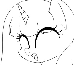 Size: 640x562 | Tagged: safe, artist:namaenonaipony, oc, oc only, oc:aqua twinkie, pony, unicorn, ^^, black and white, bust, eye clipping through hair, eyes closed, female, grayscale, horn, mare, monochrome, open mouth, open smile, portrait, simple background, smiling, solo, white background