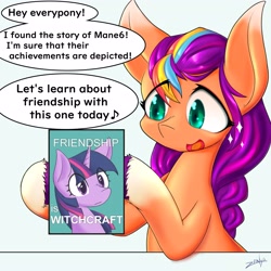 Size: 4096x4096 | Tagged: safe, artist:zemlya, sunny starscout, twilight sparkle, earth pony, pony, friendship is witchcraft, g5, coat markings, dialogue, english, eye clipping through hair, female, hoof hold, looking at something, mare, music notes, open mouth, open smile, simple background, smiling, socks (coat markings), sparkles, speech bubble, this will end in tears, uh oh, white background