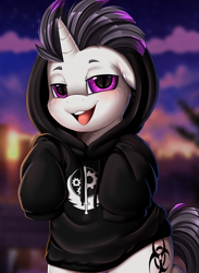 Size: 2601x3549 | Tagged: safe, artist:pridark, part of a set, oc, oc only, oc:haze rad, pony, unicorn, bedroom eyes, bipedal, blushing, bottomless, brotherhood of steel, clothes, commission, detailed background, eyebrows, floppy ears, gift art, high res, highlights, hoodie, horn, lidded eyes, looking at you, male, mohawk, open mouth, open smile, oversized clothes, partial nudity, purple eyes, smiling, solo, stallion, unicorn oc, ych result