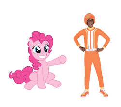 Size: 753x665 | Tagged: safe, edit, pinkie pie, earth pony, human, pony, g4, crossover, cute, diapinkes, dj lance rock, duo, female, grin, irl, irl human, logo, male, mare, photo, simple background, smiling, white background, yo gabba gabba!