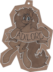 Size: 6945x9445 | Tagged: safe, artist:adilord, oc, oc only, oc:adilord, earth pony, pony, aviator goggles, badge, bipedal, con badge, ear fluff, eye clipping through hair, glasses, goggles, holding, long mane, long tail, looking at you, male, name, simple background, smiling, solo, stallion, tail, text, traditional art, transparent background