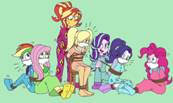 Size: 4242x2542 | Tagged: safe, artist:bugssonicx, part of a set, applejack, fluttershy, pinkie pie, rainbow dash, rarity, starlight glimmer, sunset shimmer, human, equestria girls, g4, blonde, blonde hair, bondage, bound and gagged, chair, cloth gag, clothes, feet, footed sleeper, footie pajamas, gag, hair over one eye, human starlight, human sunset, humane five, infiltration, lace, looking back, muffled moaning, muffled words, nightgown, onesie, over the nose gag, pajamas, part of a series, pigtails, pocket, pockets, ponytail, rainbond dash, sleepover, slumber party, socks, teary eyes, tied up, twintails
