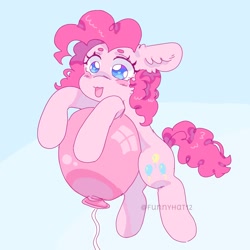 Size: 2000x2000 | Tagged: safe, artist:funnyhat12, pinkie pie, earth pony, pony, g4, balloon, ear fluff, floating, floppy ears, flying, high res, solo, then watch her balloons lift her up to the sky, tongue out