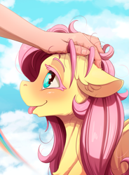 Size: 1095x1488 | Tagged: safe, artist:alcor, fluttershy, human, pony, g4, behaving like a dog, blushing, cute, ear fluff, ears back, floppy ears, flutterdog, human on pony petting, offscreen character, petting, rainbow, shyabetes, sky background, sternocleidomastoid, tongue out