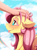 Size: 1095x1488 | Tagged: safe, artist:alcor, fluttershy, human, pony, g4, behaving like a dog, blushing, cute, ear fluff, ears back, floppy ears, flutterdog, human on pony petting, offscreen character, petting, rainbow, shyabetes, sky background, sternocleidomastoid, tongue out