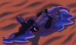 Size: 2019x1200 | Tagged: safe, alternate version, artist:escapist, princess luna, alicorn, pony, g4, bedroom eyes, clothes, female, frog (hoof), hooves to the chest, horn, leg warmers, legwear, lip bite, looking at you, lying down, mare, on back, partially open wings, solo, underhoof, wings