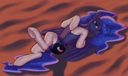 Size: 2019x1200 | Tagged: safe, artist:escapist, princess luna, alicorn, pony, g4, bedroom eyes, clothes, female, horn, legwear, lip bite, looking at you, lying down, mare, on back, partially open wings, socks, solo, stockings, thigh highs, underhoof, white socks, white stockings, wings
