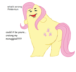 Size: 554x528 | Tagged: safe, artist:flipflop10150, fluttershy, g4, abomination, butt, commission, crossover, cursed image, flutterbutt, grimace (mcdonald's), implied flutterpie, implied lesbian, implied pinkie pie, mcdonald's, mcnuggies, meme, not salmon, offscreen character, plot, ponified meme, simple background, solo, wat, what has science done, white background