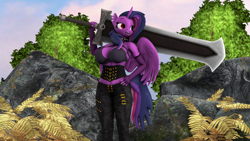 Size: 3840x2160 | Tagged: safe, artist:nightmarezoroark, oc, oc only, oc:midnight sparkle, alicorn, anthro, 3d, clothes, high res, pinup, source filmmaker, sword, weapon