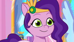Size: 800x450 | Tagged: safe, screencap, pipp petals, pegasus, pony, g5, my little pony: tell your tale, zipp's yes day, spoiler:g5, spoiler:my little pony: tell your tale, spoiler:tyts01e22, adorapipp, animated, cute, female, gif, grin, headband, jewelry, mare, reaction image, regalia, smiling, solo, sparkly eyes, wide smile, wingding eyes, youtube link