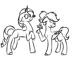 Size: 900x718 | Tagged: safe, artist:fuckomcfuck, rarity, oc, oc:doodles, pegasus, pony, unicorn, g4, demi-girl, flower, monochrome, old art, rejection, shipping, simp