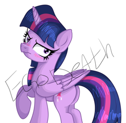 Size: 966x942 | Tagged: safe, artist:egodeath, twilight sparkle, alicorn, pony, g4, angry, blushing, butt, obtrusive watermark, plot, simple background, solo, twibutt, twilight sparkle (alicorn), watermark, white background