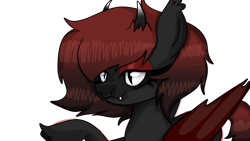 Size: 1366x768 | Tagged: safe, artist:egodeath, edit, edited screencap, screencap, oc, oc only, oc:egodeath, bat pony, demon, demon pony, black sclera, gradient mane, nose piercing, piercing, pointing, septum piercing, silly, simple background, snaggletooth, solo, transparent background, unshorn fetlocks, white eyes