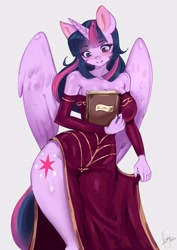 Size: 1995x2812 | Tagged: safe, artist:mrscurlystyles, twilight sparkle, alicorn, anthro, g4, adorasexy, bare shoulders, big breasts, book, breasts, busty twilight sparkle, cleavage, clothes, cute, detached sleeves, dress, female, sexy, side slit, smiling, solo, stupid sexy twilight, thighs, total sideslit, twilight sparkle (alicorn)