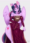 Size: 1995x2812 | Tagged: safe, artist:mrscurlystyles, twilight sparkle, alicorn, anthro, adorasexy, bare shoulders, big breasts, book, breasts, busty twilight sparkle, cleavage, clothes, cute, detached sleeves, dress, female, sexy, side slit, smiling, solo, stupid sexy twilight, thighs, total sideslit, twilight sparkle (alicorn)
