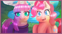 Size: 1300x720 | Tagged: safe, artist:meepars, maud pie, earth pony, pony, g4, duo, female, looking at you, open mouth, siblings, sisters, smiling