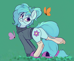 Size: 1208x999 | Tagged: safe, artist:rexyseven, oc, oc:whispy slippers, butterfly, earth pony, pony, clothes, female, mare, slippers, socks, solo