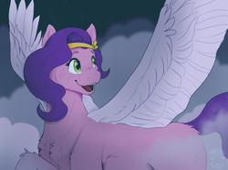 Size: 2732x2048 | Tagged: safe, artist:sursiq, pipp petals, pegasus, pony, g5, my little pony: a new generation, accessory, adorapipp, blushing, chest fluff, cloud, cloudy, colored wings, cute, eyebrows, eyelashes, female, fluffy, flying, green eyes, happy, high res, looking back, mare, night, open mouth, open smile, purple hair, purple mane, purple tail, shading, signature, sky, smiling