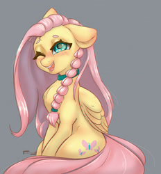Size: 1200x1293 | Tagged: safe, artist:inkypuso, fluttershy, pegasus, pony, alternate hairstyle, blushing, braid, braided ponytail, cute, female, floppy ears, folded wings, gray background, happy, mare, one ear down, one eye closed, open mouth, open smile, shyabetes, signature, simple background, sitting, smiling, solo, wings