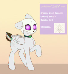 Size: 1000x1096 | Tagged: safe, artist:inkypuso, oc, oc only, pegasus, pony, cutie mark, female, floppy ears, folded wings, gradient background, looking at you, mare, one ear down, raised hoof, reference sheet, solo, wings