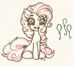 Size: 1000x903 | Tagged: safe, artist:inkypuso, pinkie pie, earth pony, pony, g4, female, mare, monochrome, open mouth, open smile, signature, simple background, sitting, sketch, smiling, solo