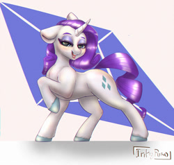 Size: 1200x1142 | Tagged: safe, artist:inkypuso, rarity, pony, unicorn, g4, cutie mark, cutie mark background, eyeshadow, female, floppy ears, horn, lidded eyes, looking at you, makeup, mare, one ear down, open mouth, raised hoof, signature, simple background, solo, white background