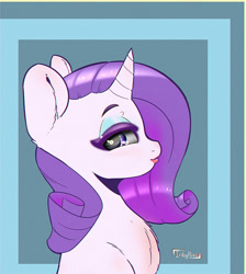 Size: 750x838 | Tagged: safe, artist:inkypuso, rarity, pony, unicorn, g4, bedroom eyes, blue background, bust, cute, eyeshadow, female, horn, lidded eyes, lipstick, looking at you, makeup, mare, portrait, profile, raribetes, signature, simple background, solo