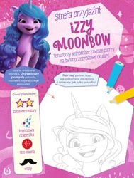 Size: 595x788 | Tagged: safe, izzy moonbow, pony, unicorn, g5, abstract background, activity sheet, colored pencils, facial hair, female, glasses, hat, horn, lineart, magazine, mare, moustache, open mouth, open smile, party hat, polish, smiling, solo, sparkles, star glasses, sunglasses