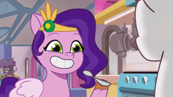 Size: 600x338 | Tagged: safe, screencap, pipp petals, zipp storm, pegasus, pony, g5, my little pony: tell your tale, zipp's yes day, spoiler:g5, spoiler:my little pony: tell your tale, spoiler:tyts01e22, animated, duo, duo female, female, gif, grin, headband, jewelry, mare, open mouth, open smile, regalia, smiling, spoon