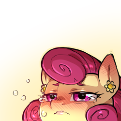 Size: 1159x1159 | Tagged: safe, artist:cold-blooded-twilight, part of a set, posey shy, pegasus, pony, blushing, crying, ear piercing, earring, jewelry, lipstick, piercing, simple background, solo, transparent background