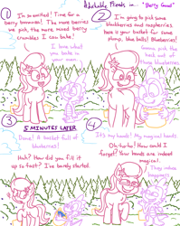 Size: 4779x6013 | Tagged: safe, artist:adorkabletwilightandfriends, lily, lily valley, spike, dragon, earth pony, pony, comic:adorkable twilight and friends, g4, adorkable, adorkable friends, basket, berry, blackberry, blueberry, blushing, bucket, bush, comic, cute, dork, flirting, food, forest, hand, humor, innuendo, nature, scenery, slice of life, tree