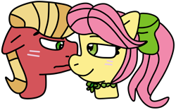 Size: 1300x810 | Tagged: safe, artist:jadeharmony, posey bloom, sprout cloverleaf, earth pony, pony, g5, blushing, boop, bow, bust, duo, female, hair bow, jewelry, male, mare, necklace, noseboop, ship:poseysprout, shipping, simple background, stallion, straight, transparent background