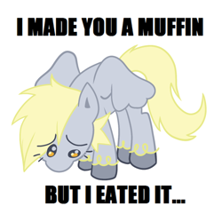 Size: 640x640 | Tagged: safe, artist:bloopiehp, derpy hooves, pegasus, pony, eyelashes, female, impact font, redraw, simple background, solo, spread wings, unshorn fetlocks, white background, wings