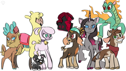 Size: 1920x1080 | Tagged: safe, artist:metaruscarlet, arizona (tfh), fhtng th§ ¿nsp§kbl, oleander (tfh), paprika (tfh), pom (tfh), shanty (tfh), tianhuo (tfh), velvet (tfh), alpaca, classical unicorn, cow, deer, dog, dragon, goat, hybrid, lamb, longma, pony, reindeer, sheep, unicorn, them's fightin' herds, bandana, bell, bell collar, book, chest fluff, cloven hooves, collar, community related, eyes closed, female, fightin' seven, fightin' six, grin, horns, leonine tail, mare, open mouth, simple background, smiling, transparent background, unshorn fetlocks
