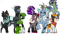 Size: 1920x1080 | Tagged: safe, alternate version, artist:metaruscarlet, derpibooru exclusive, arizona (tfh), fhtng th§ ¿nsp§kbl, oleander (tfh), paprika (tfh), pom (tfh), shanty (tfh), tianhuo (tfh), velvet (tfh), alpaca, classical unicorn, cow, deer, dog, dragon, goat, hybrid, lamb, longma, pony, reindeer, sheep, unicorn, them's fightin' herds, bandana, bell, bell collar, book, chest fluff, cloven hooves, collar, community related, eyes closed, female, fightin' seven, fightin' six, grin, horns, leonine tail, mare, open mouth, palette swap, recolor, simple background, smiling, transparent background, unshorn fetlocks