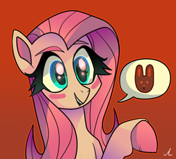 Size: 5100x4614 | Tagged: safe, artist:docwario, fluttershy, pegasus, pony, rabbit, g4, absurd resolution, animal, blush sticker, blushing, bust, colored hooves, emoji, eyelashes, female, mare, open mouth, outline, pictogram, raised hoof, red background, red outline, simple background, solo, speech bubble, three quarter view