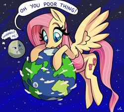 Size: 5100x4614 | Tagged: safe, artist:docwario, fluttershy, pegasus, pony, earth, female, mare, moon, pony bigger than a planet, solo, space, tangible heavenly object