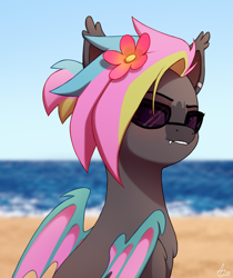 Size: 1676x2000 | Tagged: safe, artist:luminousdazzle, oc, oc only, oc:black opal, bat pony, pony, beach, ear fluff, ear piercing, fangs, female, flower, flower in hair, looking at you, ocean, piercing, ponytail, sitting, smiling, smiling at you, solo, sunglasses, water