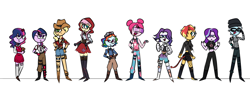 Size: 2500x900 | Tagged: safe, artist:fuckomcfuck, applejack, fluttershy, jetstream, pinkie pie, rainbow dash, rarity, sci-twi, starlight glimmer, sunset shimmer, trixie, twilight sparkle, alicorn, human, equestria girls, g4, alternate hairstyle, alternate universe, beanie, boots, bubble bomber, clothes, cosplay, costume, cowboy boots, cowboy hat, crossover, devil tail, dressup, fable, fortnite, goggles, hat, haze, humane five, humane seven, humane six, isabelle, malice, maven, pants, rapscallion, rustler, shirt, shoes, shorts, simple background, size difference, t-shirt, tail, twilight sparkle (alicorn), twolight, visor, white background, wilde