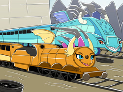 Size: 1280x960 | Tagged: safe, artist:heart-of-a-dragoness, princess ember, smolder, g4, bio in description, coach, commission, inanimate tf, lner class a4, steam, steam engine, tracks, train, trainified, transformation, vehicle