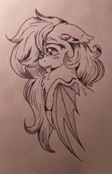 Size: 2205x3425 | Tagged: safe, artist:nightydream, oc, oc:moonbite, bat pony, pony, chest fluff, female, floppy ears, looking down, mare, monochrome, simple background, solo, spread wings, tongue out, traditional art, wings