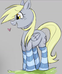 Size: 1061x1271 | Tagged: safe, artist:mushy, derpy hooves, pegasus, pony, aggie.io, clothes, food, heart, looking at each other, looking at someone, muffin, photo, smiling, socks, solo, thigh highs