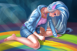 Size: 4700x3133 | Tagged: safe, alternate version, artist:racoonsan, silverstream, human, barefoot, belt, clothes, digital art, feet, female, hoodie, humanized, jewelry, long hair, looking at something, necklace, paint, paintbrush, painting, profile, reference used, shorts, sitting, solo, wing ears, wingless, wings