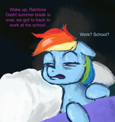 Size: 1905x2024 | Tagged: safe, artist:phutashi, rainbow dash, pegasus, pony, bed, dialogue, female, implied twilight sparkle, limmy's show, mare, offscreen character, pillow, sleepy, solo, squint