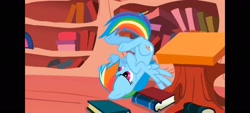 Size: 2400x1080 | Tagged: safe, screencap, rainbow dash, pegasus, pony, dragonshy, g4, season 1, book, cute, dashabetes, falling, female, frown, golden oaks library, mare, pillarboxing, solo, spread wings, tail, upside down, wings