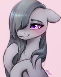 Size: 1214x1540 | Tagged: safe, artist:buttersprinkle, marble pie, earth pony, pony, g4, blushing, cute, female, floppy ears, hair over one eye, marblebetes, mare, pink background, raised hoof, simple background, solo, weapons-grade cute
