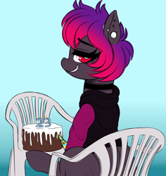Size: 2336x2477 | Tagged: safe, artist:dibujito, oc, oc only, oc:dib, earth pony, pony, birthday, birthday cake, cake, chair, food, hat, high res, party hat, sitting, solo