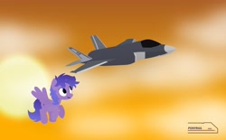 Size: 4096x2533 | Tagged: safe, artist:ponyrailartist, oc, oc only, oc:stargazermap, pegasus, pony, f-35 lightning ii, flying, jet, jet fighter, jet plane, plane, solo, wings